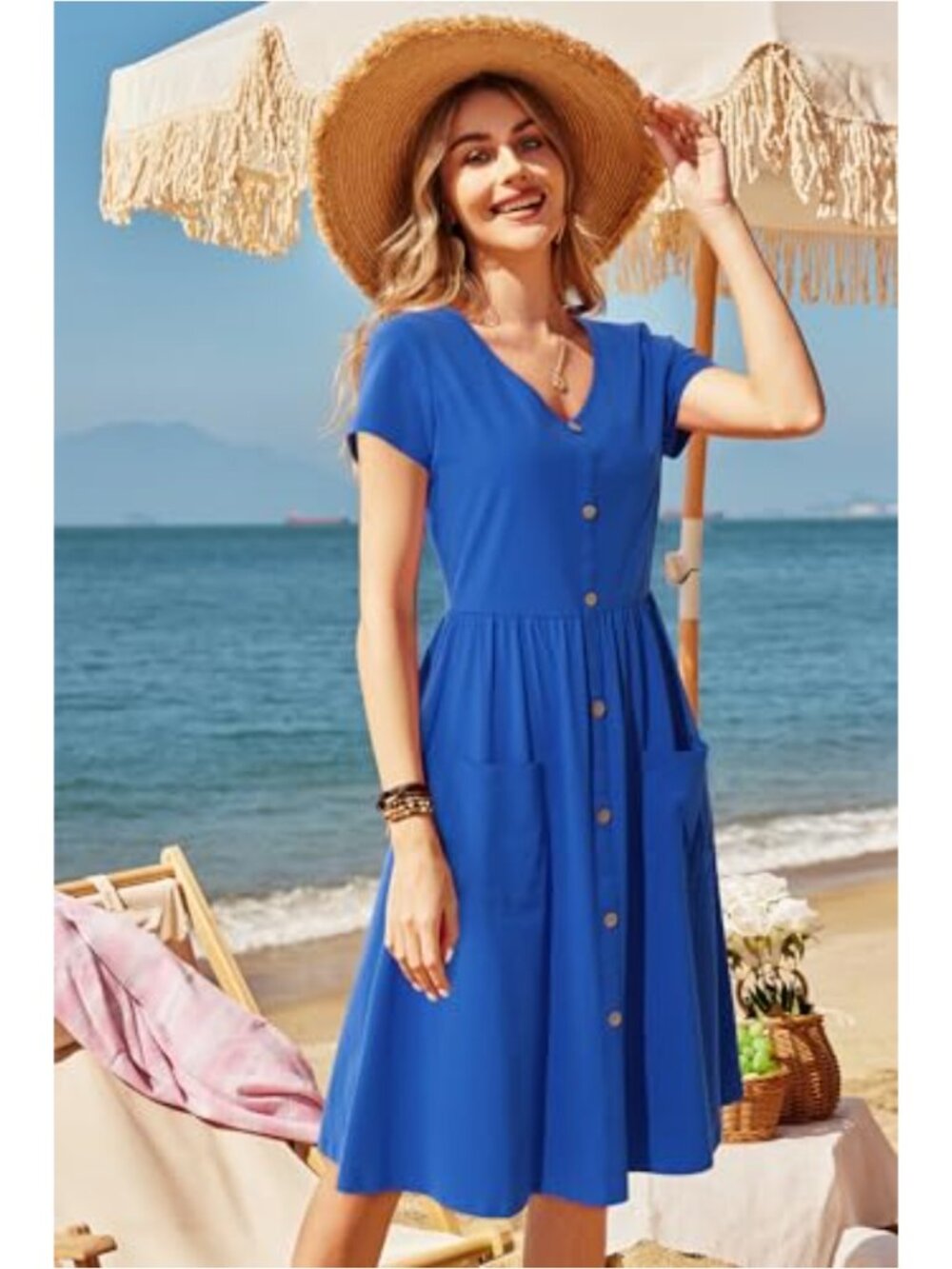 Cotton Spandex A-line Midi Dress with Pockets Short Sleeve V-Neck - Picture 2 of 6
